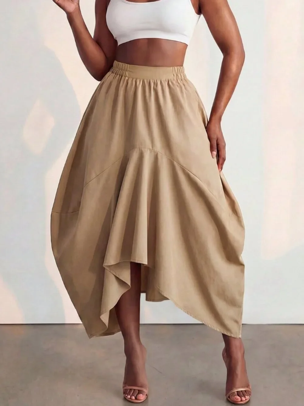 Khaki Casual Women's Asymmetrical A Line Midi Skirt